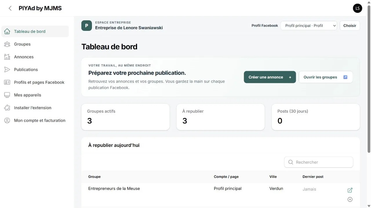 Tableau de bord PlYAd, exemple avec données fictives